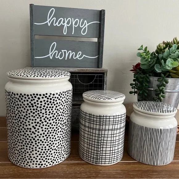 New Thyme & Table 3-Piece Boho Geo Stoneware Canister Set Dots & Gridlines